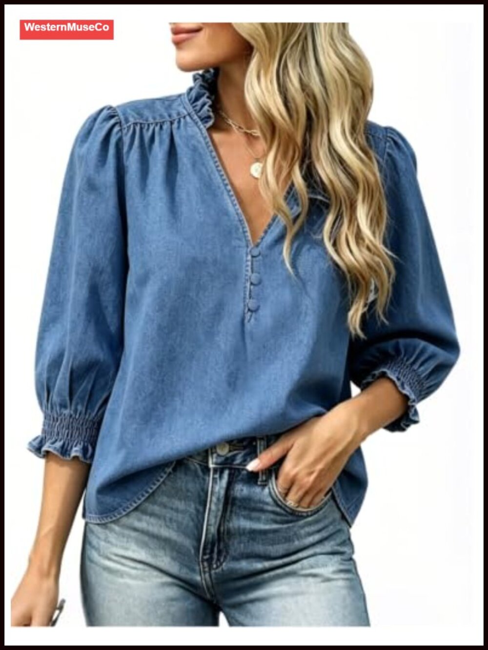 Chambray Button Down V Neck Blouse Smocked Ruffle Cuff Top